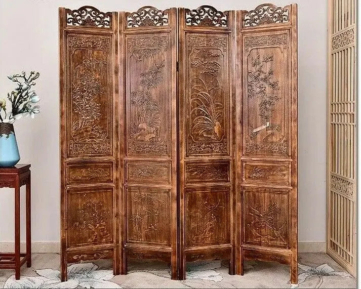 4 Panel Folding Screen Luxury Hardwood Hand-Carved Privacy Screen Room Divider everythingbamboo