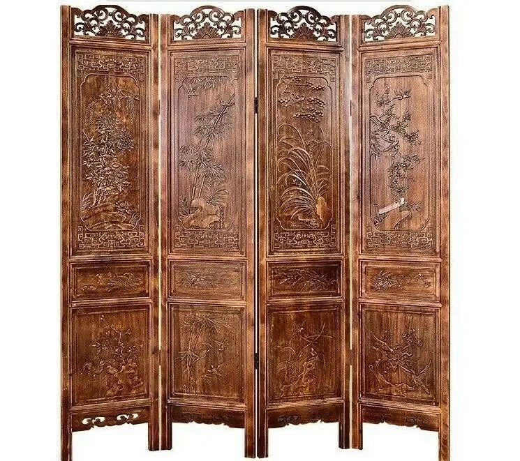 4 Panel Folding Screen Luxury Hardwood Hand-Carved Privacy Screen Room Divider everythingbamboo