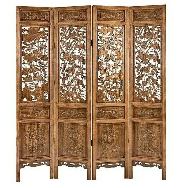 4 Panel Folding Screen Luxury Hardwood Hand-Carved Privacy Screen Room Divider everythingbamboo