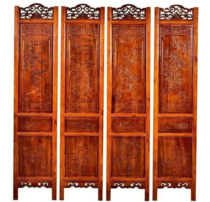 4 Panel Folding Screen Luxury Hardwood Hand-Carved Privacy Screen Room Divider everythingbamboo