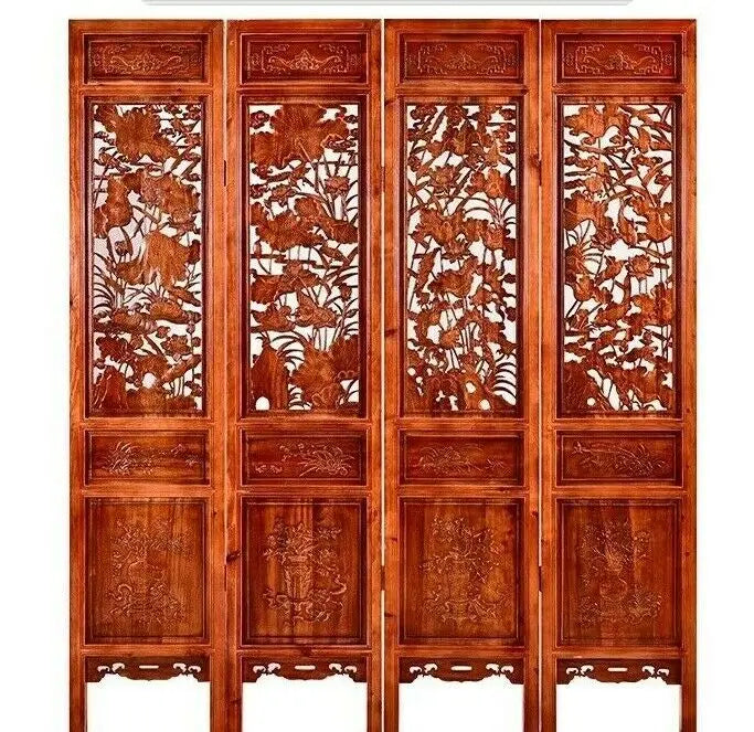 4 Panel Folding Screen Luxury Hardwood Hand-Carved Privacy Screen Room Divider everythingbamboo