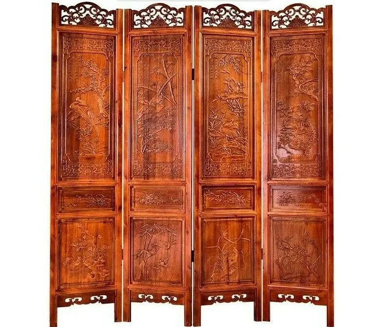 4 Panel Folding Screen Luxury Hardwood Hand-Carved Privacy Screen Room Divider everythingbamboo