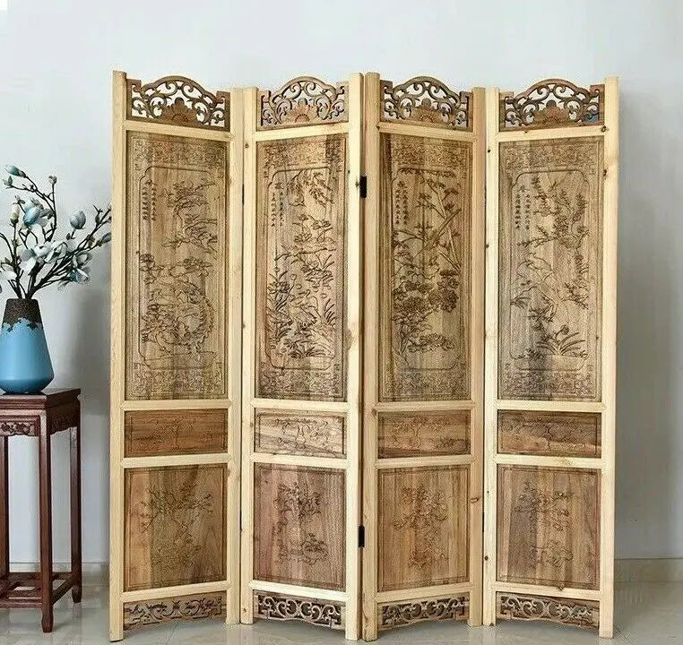 4 Panel Folding Screen Luxury Hardwood Hand-Carved Privacy Screen Room Divider everythingbamboo