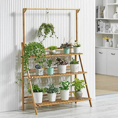 BAMBOO SHELF FOLDING 3 TIER LADDER BOOK PLANT STAND WITH HANGING BAR MULTI USE Unbranded