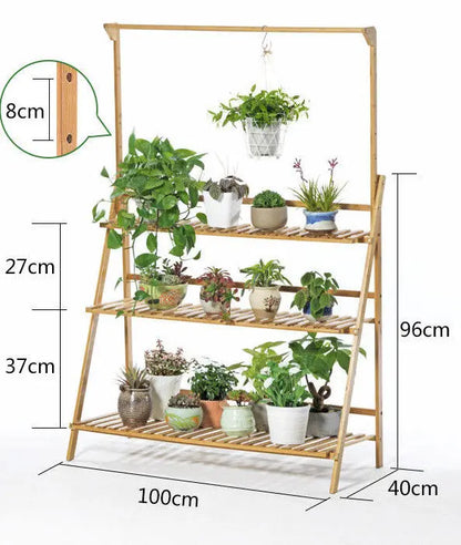 BAMBOO SHELF FOLDING 3 TIER LADDER BOOK PLANT STAND WITH HANGING BAR MULTI USE Unbranded