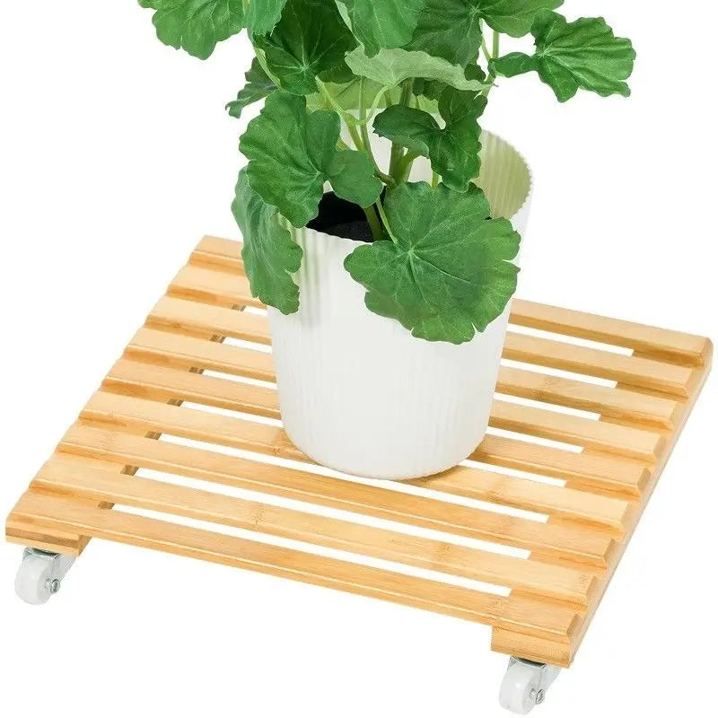 BAMBOO WOODEN PLANT STAND WITH WHEEL BASE EASY MOVE MULTI USE INDOOR OUTDOOR everythingbamboo