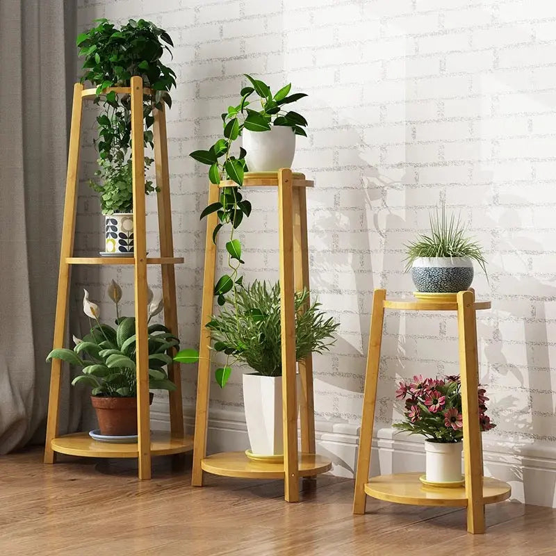 BAMBOO WOODEN SHELF PLANT STAND LADDER ORIGINAL COLOR ROUND TABLE INDOOR OUTDOOR BPS15 everythingbamboo