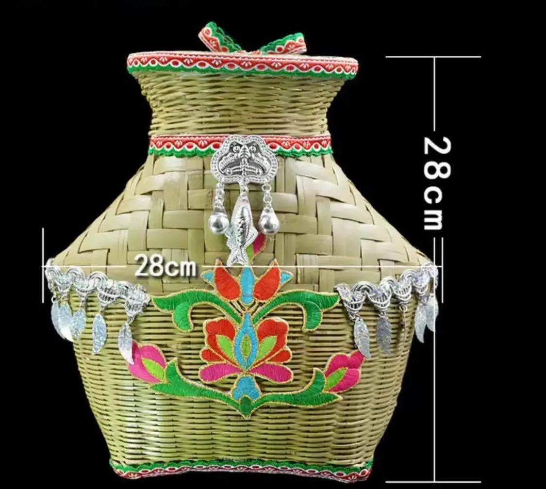 Bamboo Basket Handwoven Carrier Basket Vintage Floral Style Artwork Decoration everythingbamboo