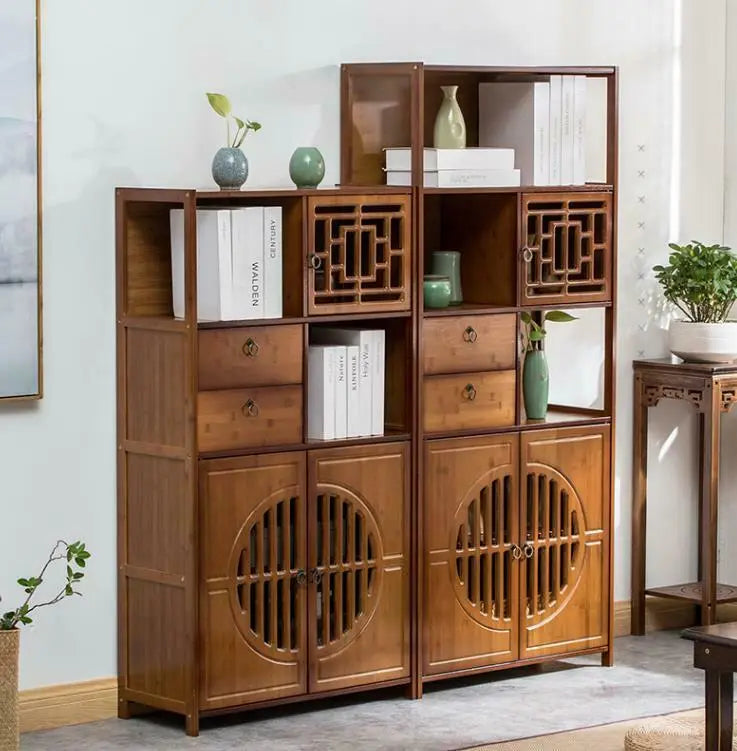 Bamboo Book Shelf With Drawers Book Case Cabinet Antique Style Storage Carving everythingbamboo