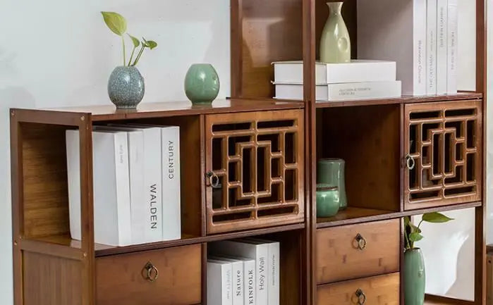 Bamboo Book Shelf With Drawers Book Case Cabinet Antique Style Storage Carving everythingbamboo