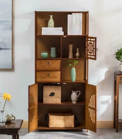 Bamboo Book Shelf With Drawers Book Case Cabinet Antique Style Storage Carving everythingbamboo