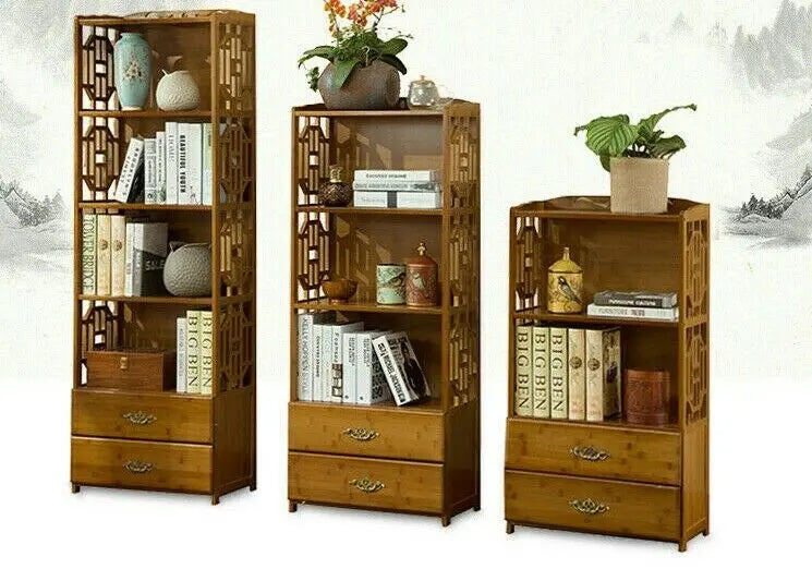 Bamboo Book Shelf With Drawers Book Case Cabinet Antique Style Storage everythingbamboo