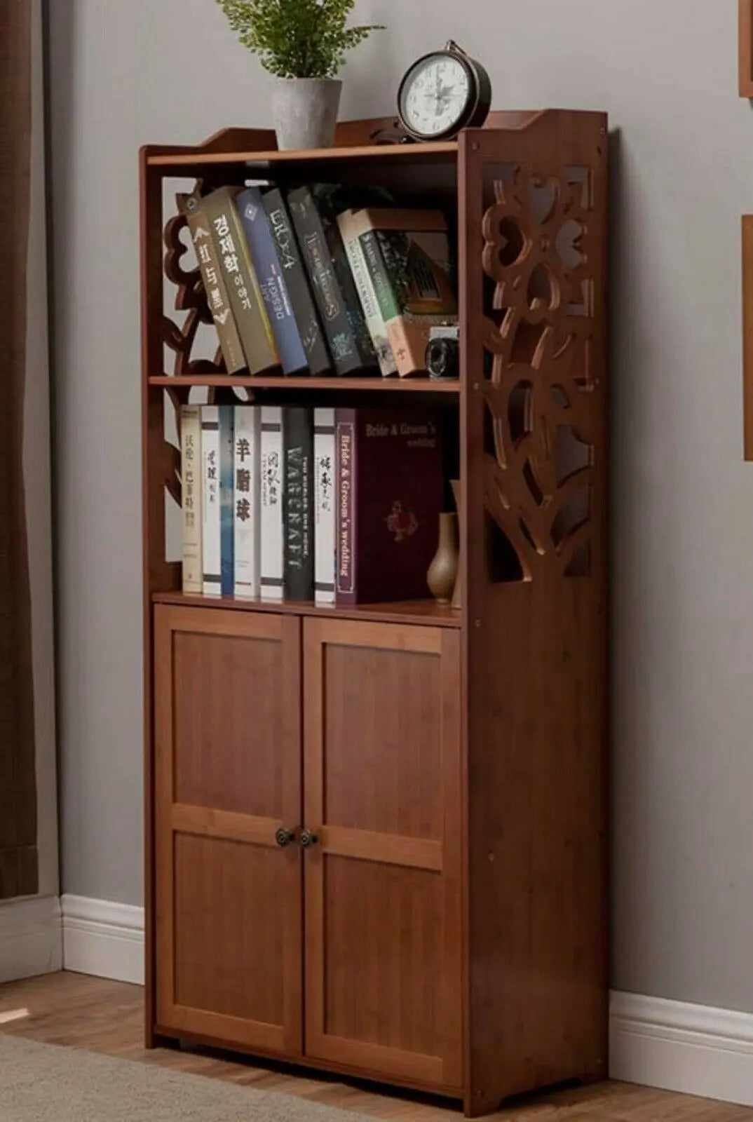 Bamboo Bookcase Bookshelf Carved Stylish Organizer Storage Unit Home Office everythingbamboo