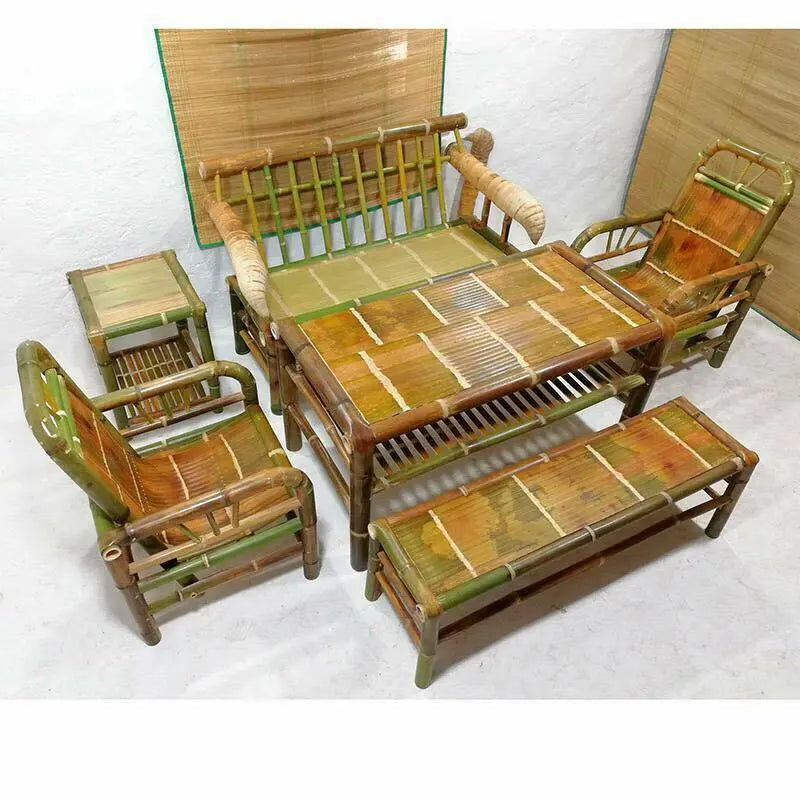 Bamboo Handcrafted Coffee Dining Table Chairs Set Furniture Relaxing 6 PCs Set everythingbamboo
