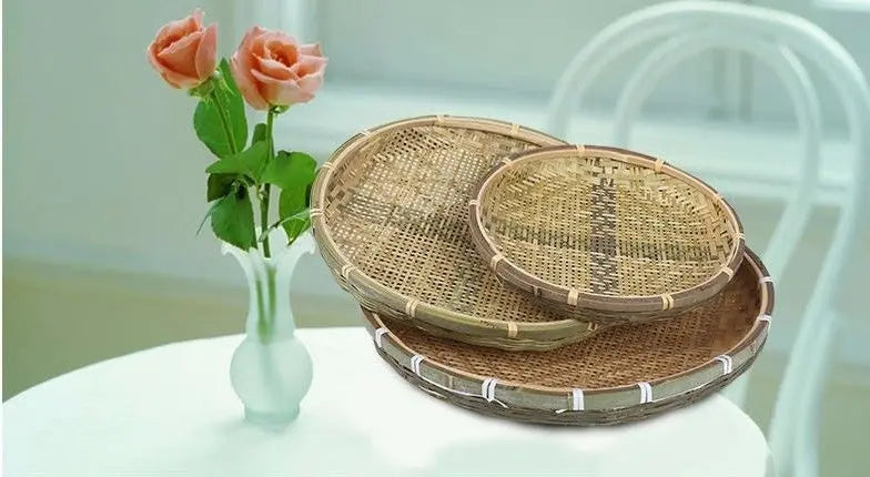 Bamboo Plate Handmade Round Plate Bamboo Fruit Baskets Storage Drainage Drier Multiple Use everythingbamboo