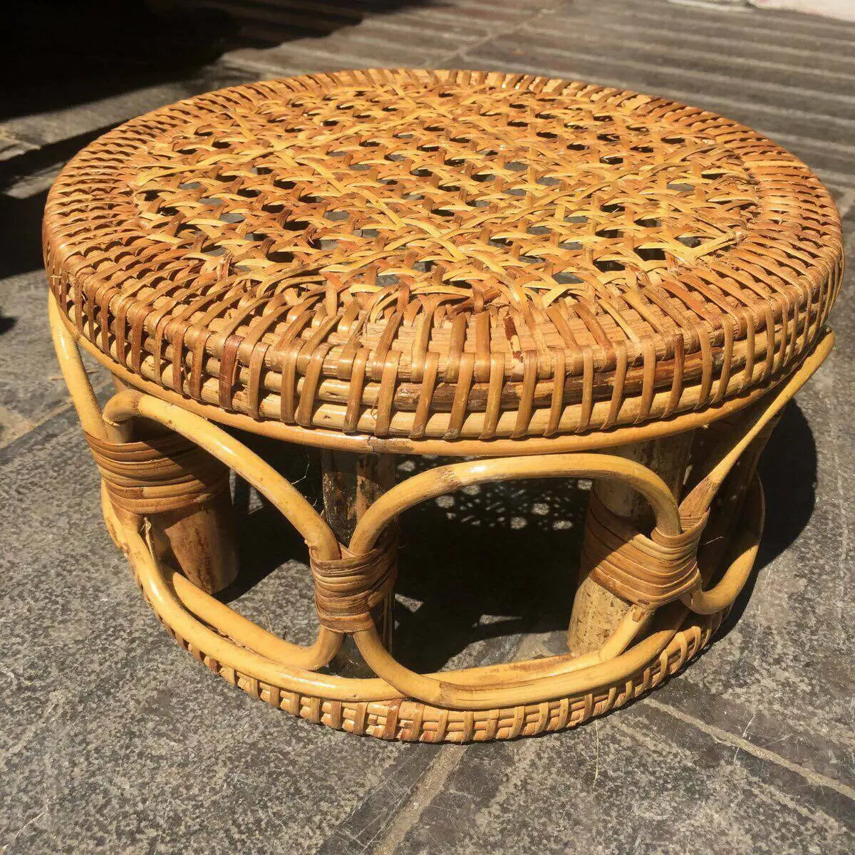 Bamboo Rattan Stool Handwoven Handmade Vintage Stool Ottoman Plant Stand Artwork Home Decor everythingbamboo