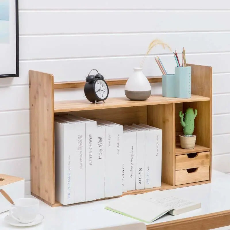 Bamboo Table Desktop Storage Books Organiser With Drawers Desk Shelf Storage everythingbamboo