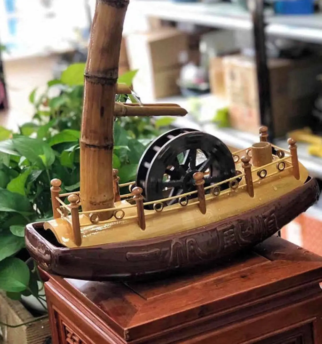 Bamboo Water Fountain Handmade Handcrafted Boat Water Feature Spinning Wheels everythingbamboo
