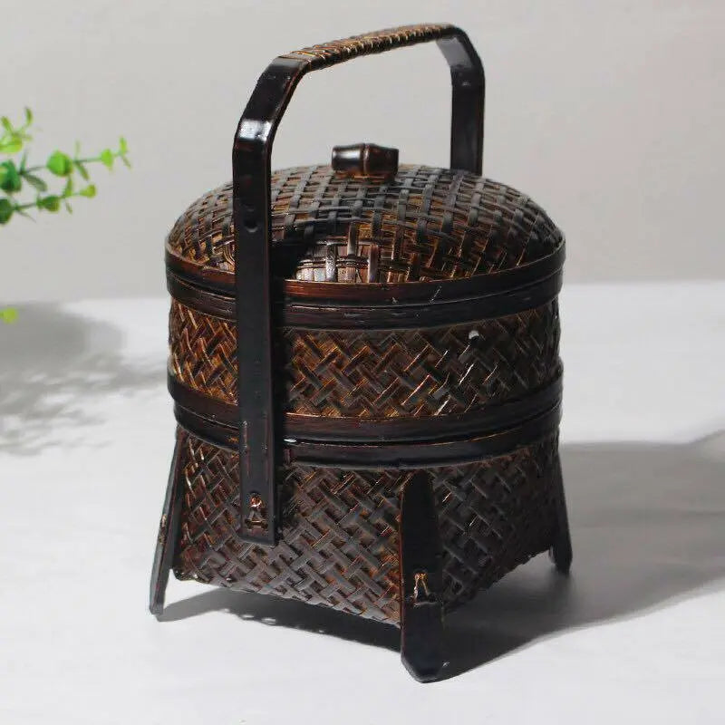Basket Bamboo Handwoven Handcrafted Vintage 2 Tiers Carrier Basket Storage everythingbamboo