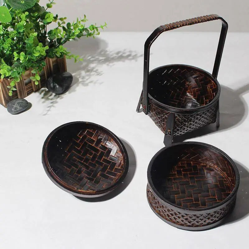 Basket Bamboo Handwoven Handcrafted Vintage 2 Tiers Carrier Basket Storage everythingbamboo