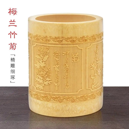 Natural Bamboo Sculpture Pen Holder Round Storage Solution Multi Use Art 竹雕刻笔筷筒 Everythingbamboo