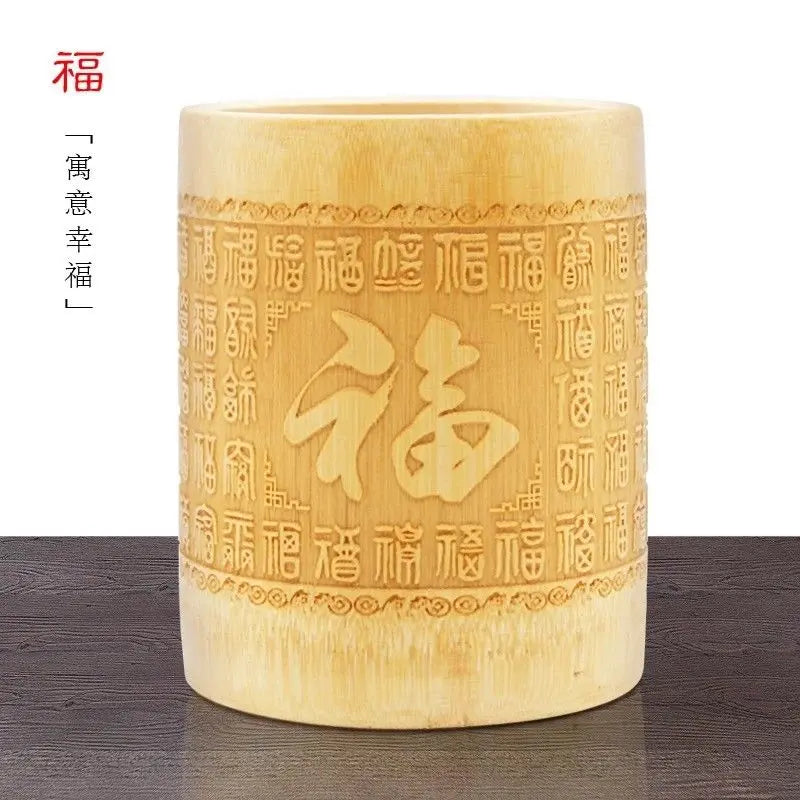 Natural Bamboo Sculpture Pen Holder Round Storage Solution Multi Use Art 竹雕刻笔筷筒 Everythingbamboo