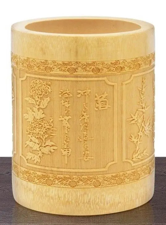 Natural Bamboo Sculpture Pen Holder Round Storage Solution Multi Use Art 竹雕刻笔筷筒 Everythingbamboo