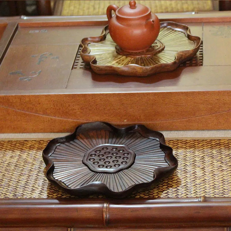 Natural bamboo carving crafts lotus pattern tea cup tray coffee tray 天然竹雕工艺品茶托 "Handmade"