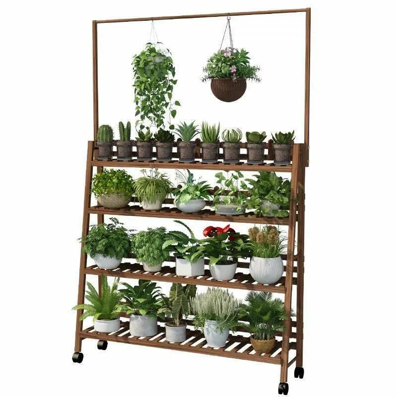 Plant Stand Shelf With Hanging Bar Pinewood Solid Garden Decor Indoor Outdoor everythingbamboo