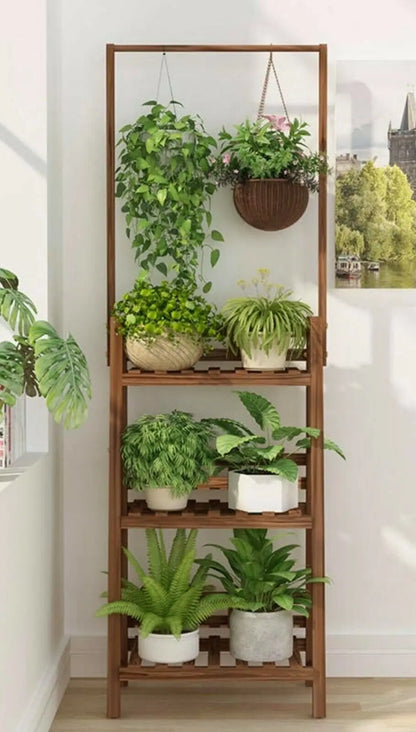 Plant Stand Shelf With Hanging Bar Pinewood Solid Garden Decor Indoor Outdoor everythingbamboo