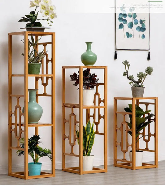 Premium Bamboo Wooden Plant Stand Decoration Shelf Carved Storage Elegant everythingbamboo