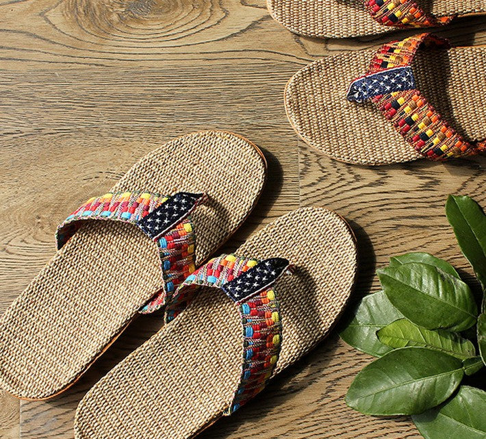 Summer Women Casual Home Rattan Slipper Sandal Bamboo Linen