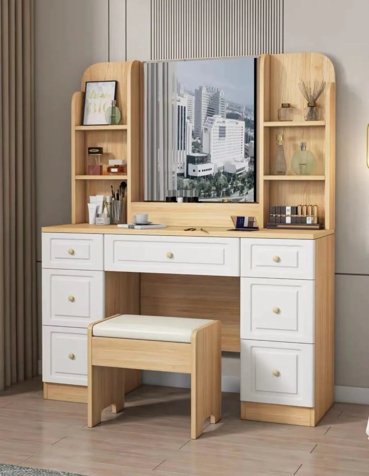 Table Chair Set With Mirror Cabinet Dressing Makeup Table With Drawers everythingbamboo