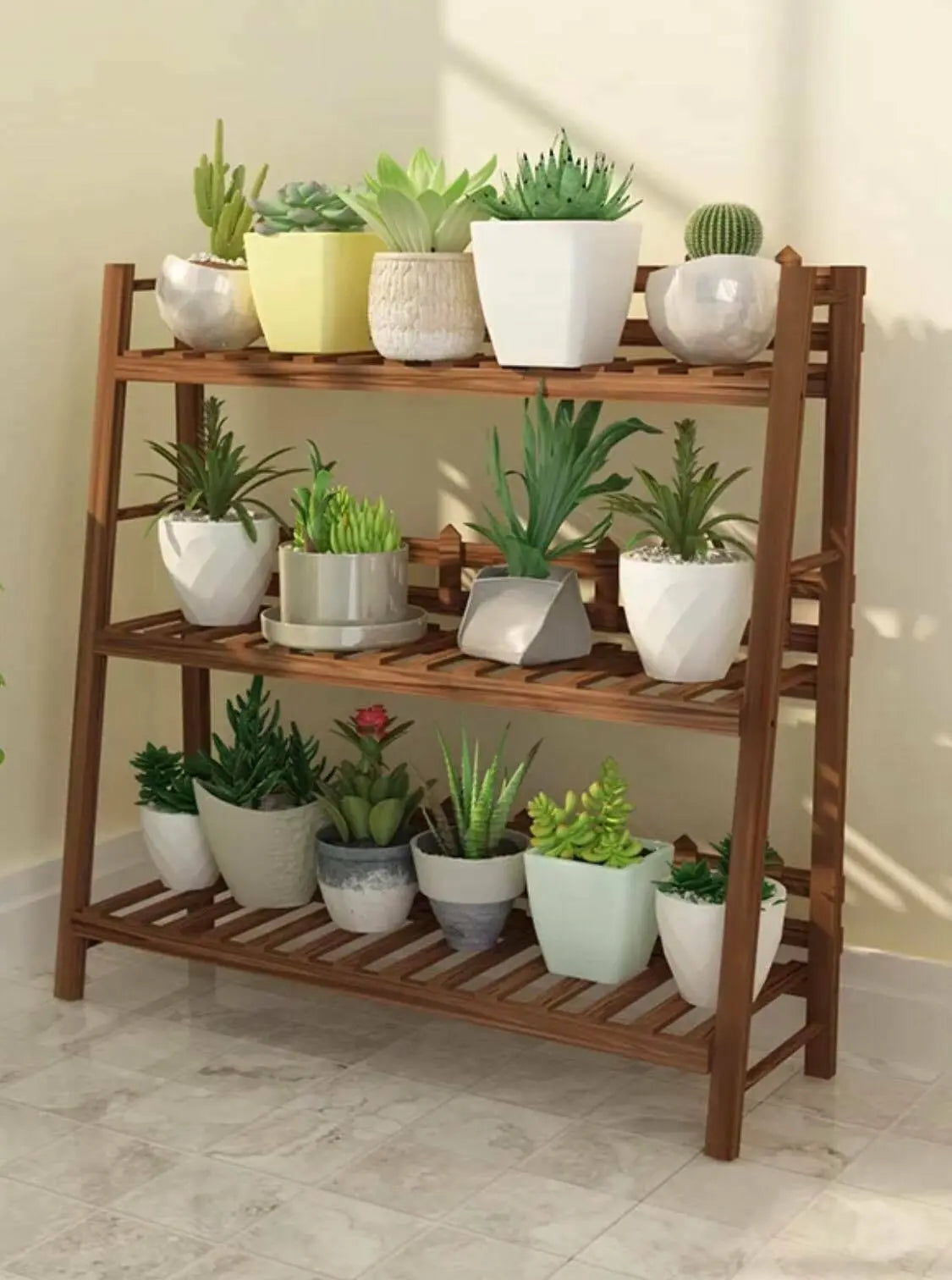 WOODEN SHELF PLANT STAND FOLDABLE MULTI TIERS INDOOR OUTDOOR GARDEN PLANTER everythingbamboo