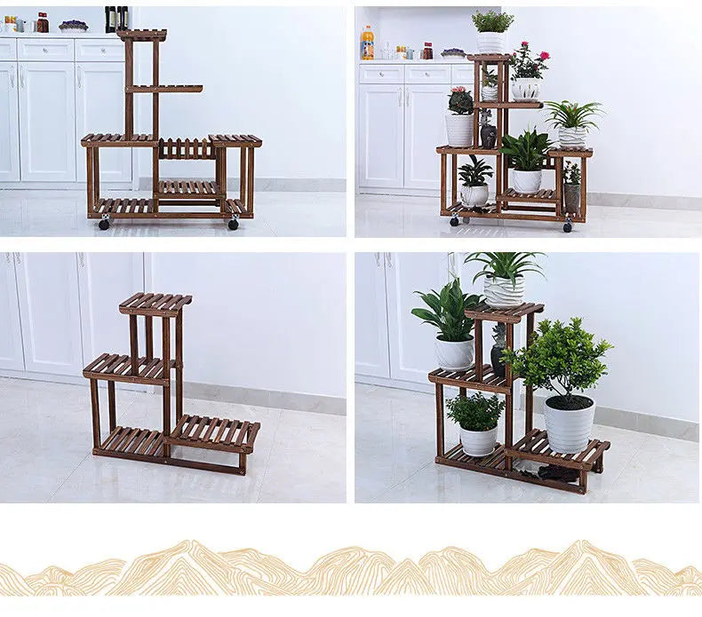 Wooden Plant Stand Shelf Multi-Tier Indoor Outdoor With or Without Wheels 多层实木花架 everythingbamboo